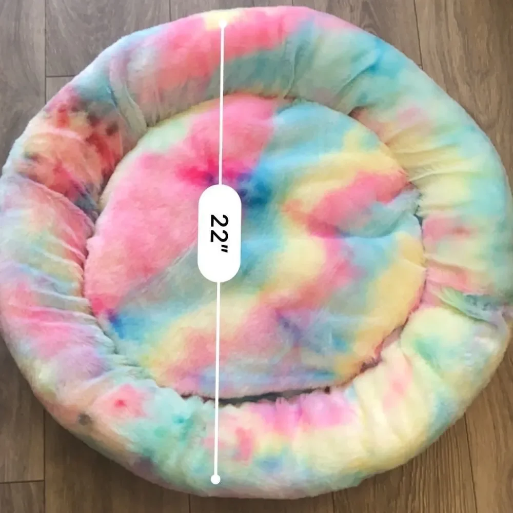 Rainbow Faux Donut Medium Dog Cat Bed - Anti-Anxiety Calming Fluffy Dog Cat Bed